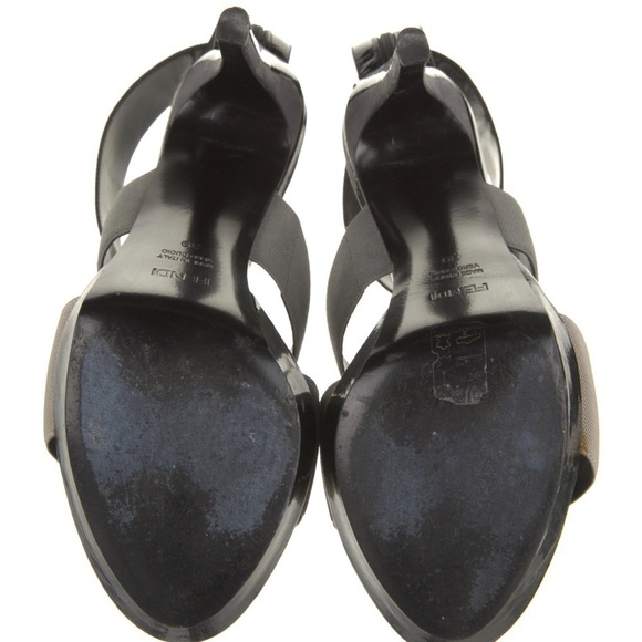 FENDI Gray and Black Colorblock Elastic Strap Zip Back Platform Heels - Picture 5 of 5